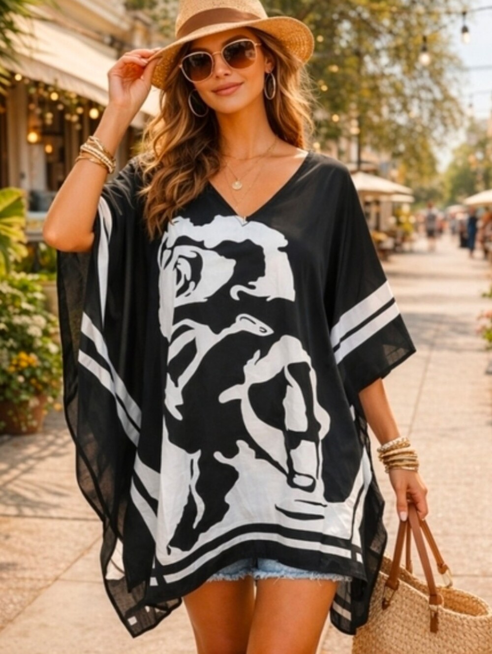 Kaftan Top Black White Floral Swimsuit Coverup OS 🤍 NWT